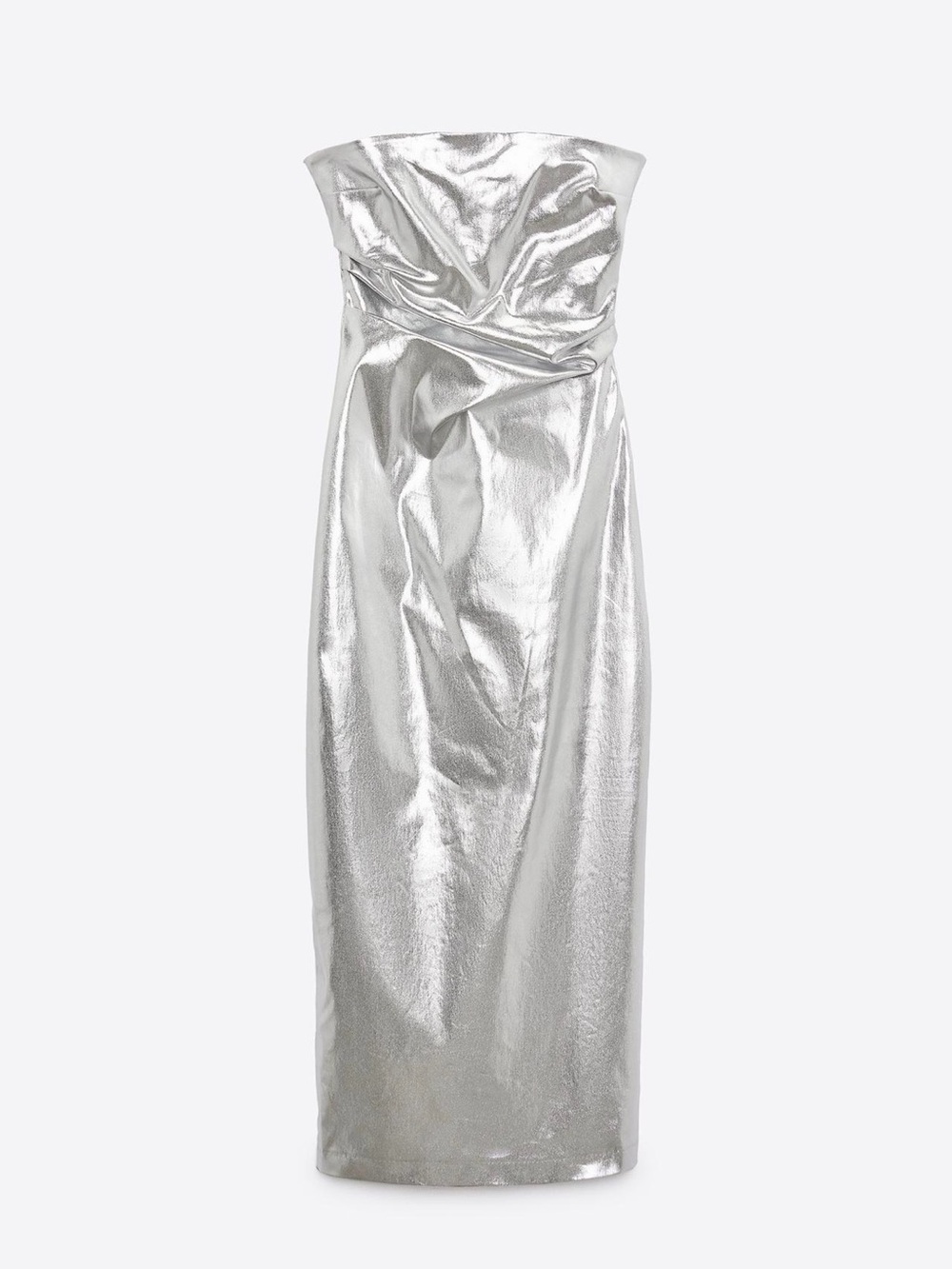 Zara Strapless Metallic Silver Midi Dress